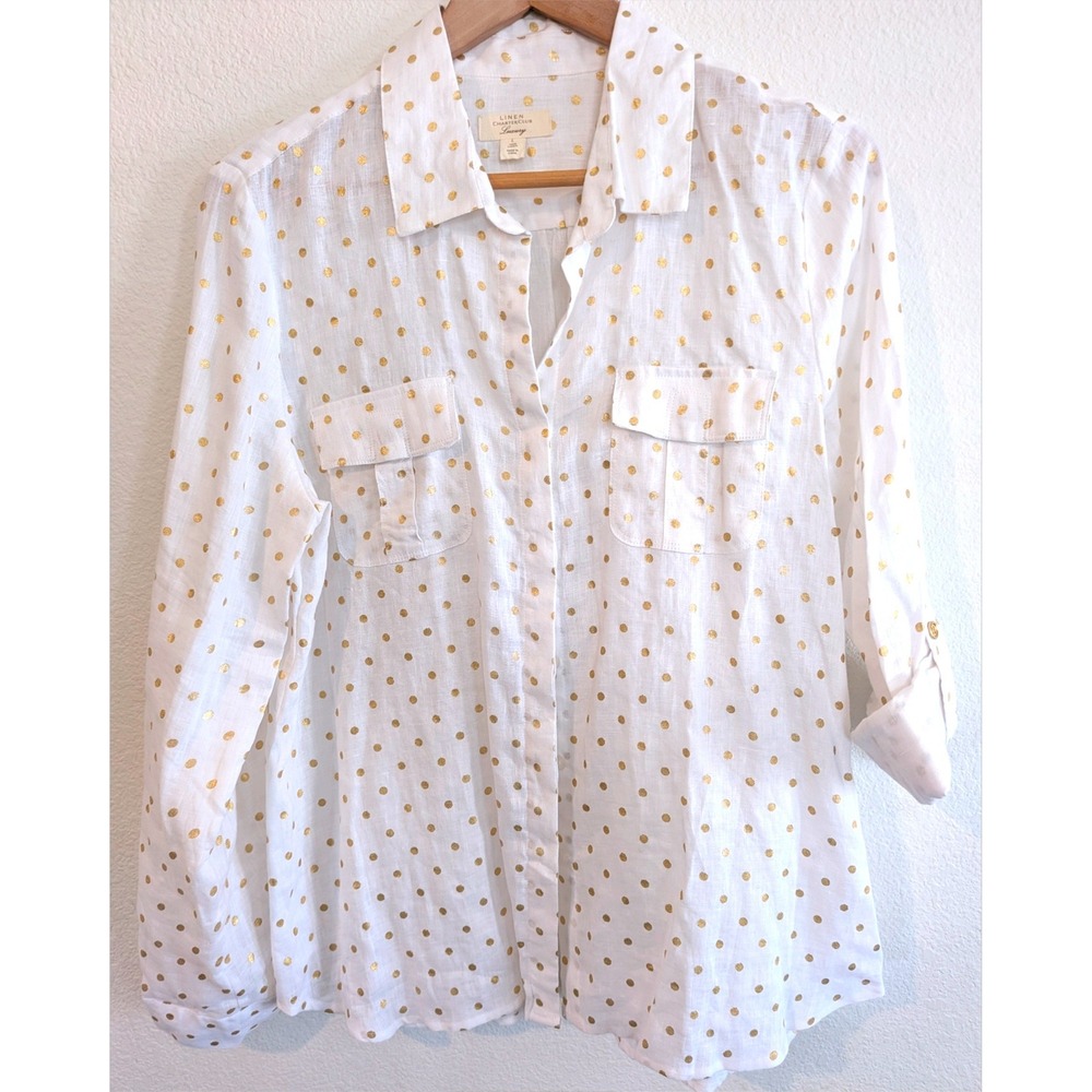 Charter Club Luxury 100% Linen Blouse Womens L White Gold Metallic Polka Dot